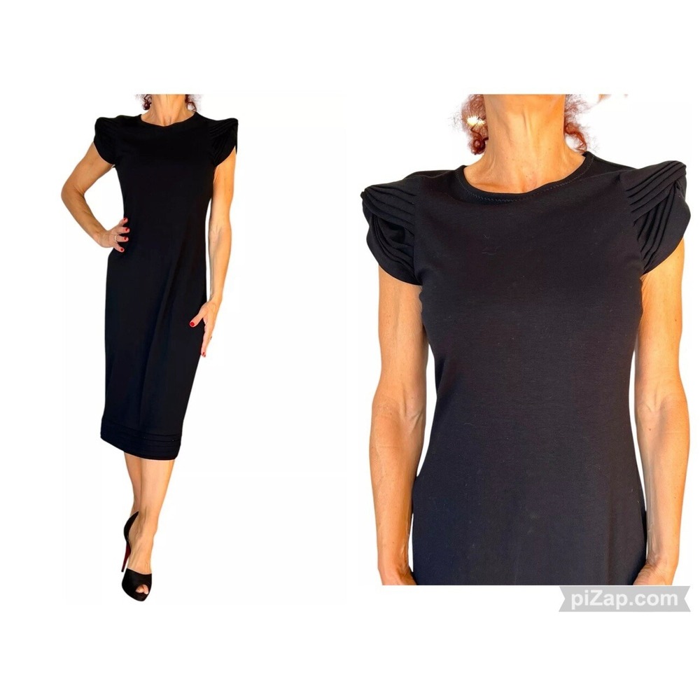 PAUL SMITH WOMENS DRESS BLACK CAP SLEEVE PLEATED DETAIL SHEATH STRETCH MIDI 44 M